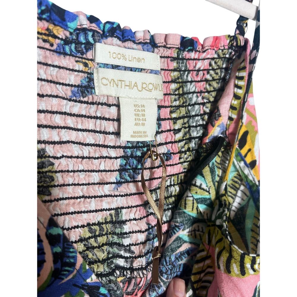 Cynthia Rowley Linen Dress Size 14 Strap Hawaiian Floral Tropical Beach Resort - Picture 6 of 7